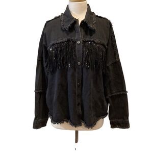 ZARA Womens Black Denim Raw Hem Jacket Jewel Trim Rhinestone Fringe Size M